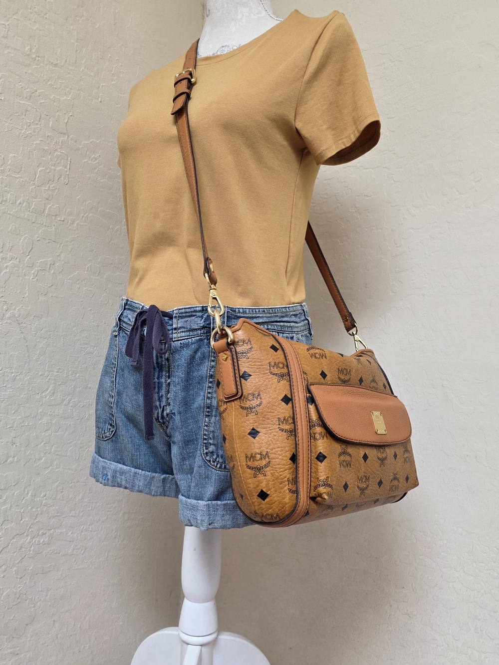 MCM Cognac Monogram Medium Crossbody Shoulder Bag AUTHENTIC
